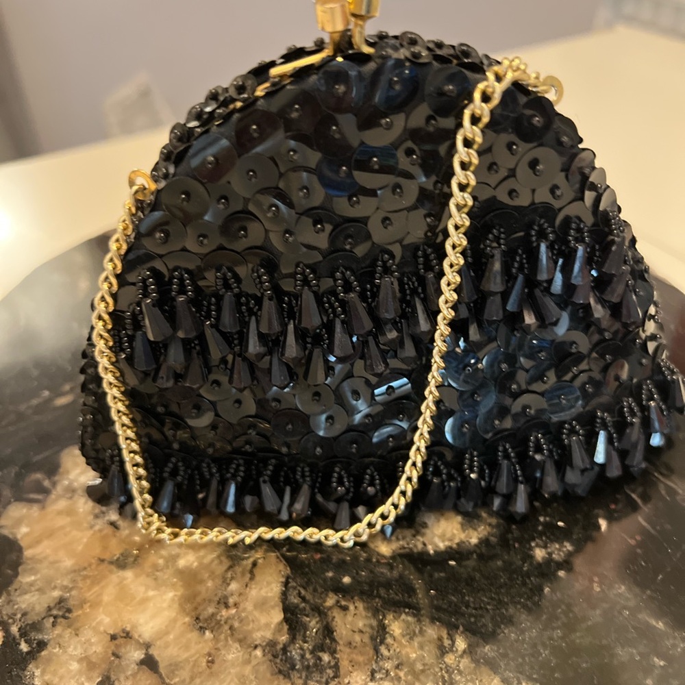 Black Sequin Clutch with Gold Chain